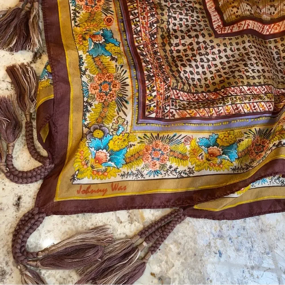 Johnny Was $110 Silk Boho Brown Gold Turquoise Block Print Tassel Scarf EUC